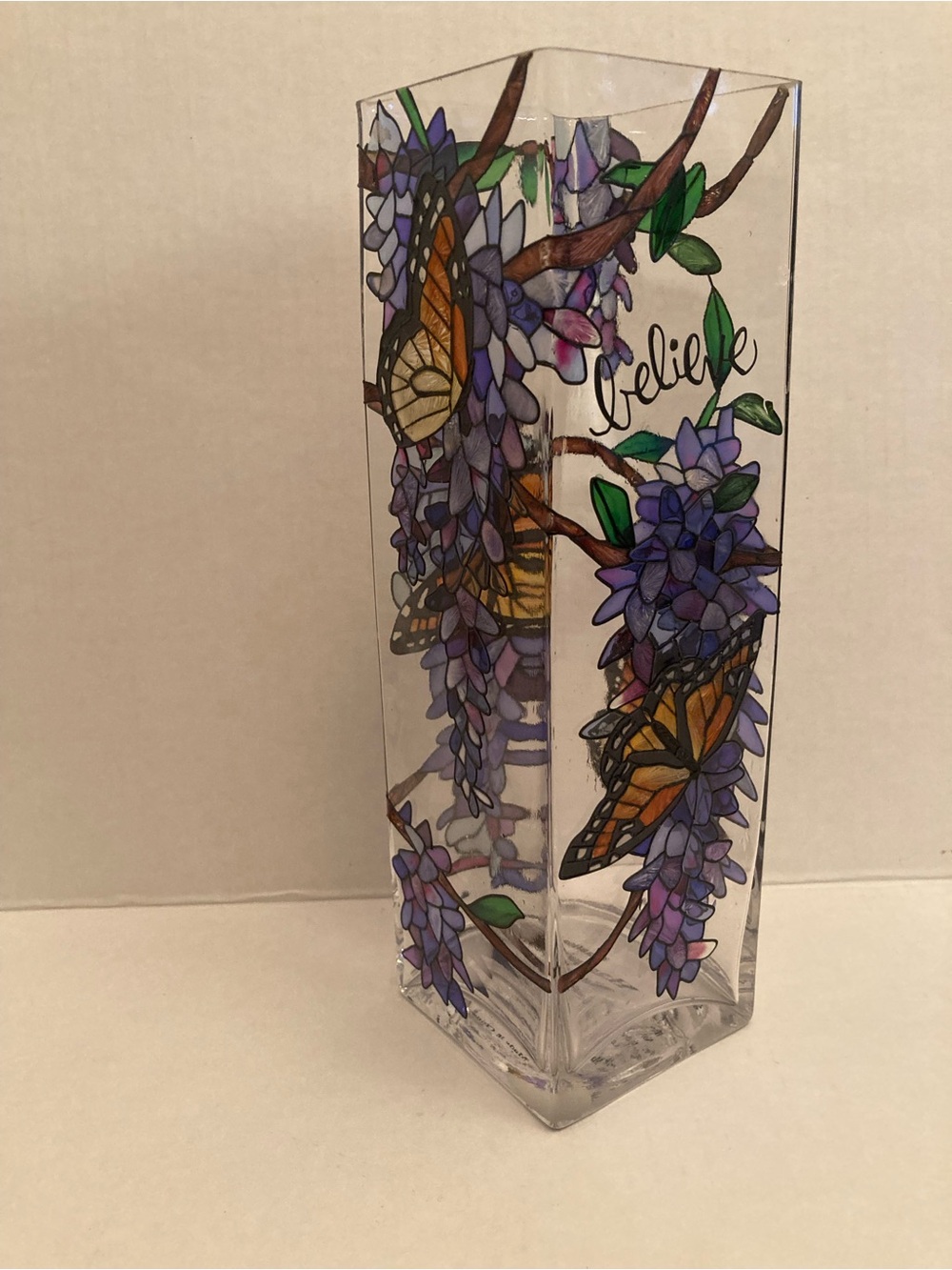 Hand-Painted Glass Vase with Purple Wisteria & Butterfly by Joan Baker